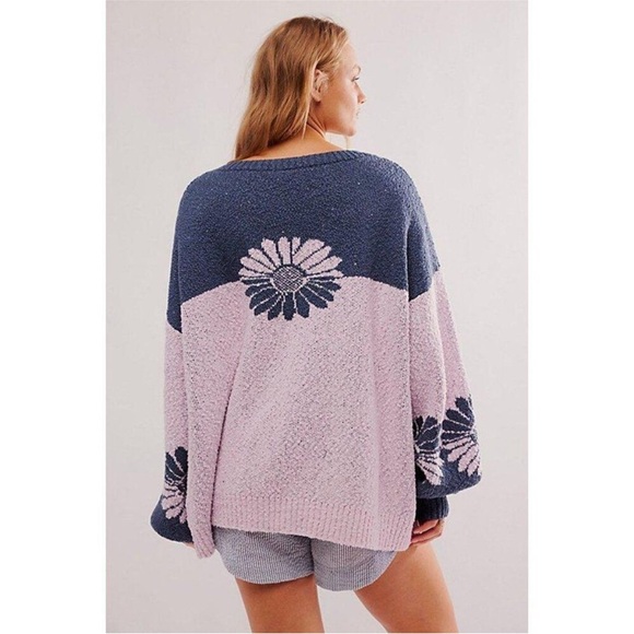 Free People In Bloom Sweater Purple Blue Floral Pullover NWOT - Picture 2 of 8